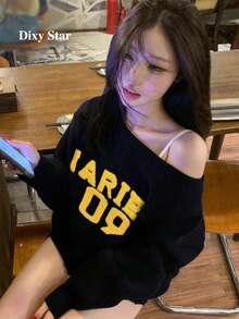 复古宽松露肩毛衣，休闲针织上衣，秋冬黑色春季款 - 黑色 - 查看 6