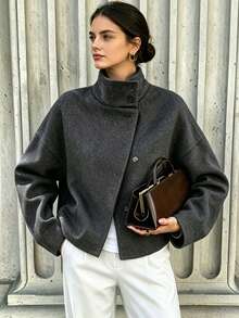 Autumn/Winter Stand Collar Loose Short Coat, Casual Daily Street Commute Versatile Jacket - Dark Grey - View 4