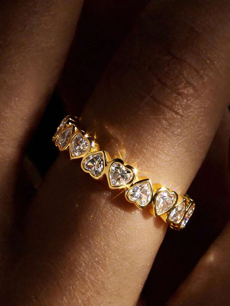 1pc INS Style Best-Seller Stackable Heart-Shaped Ring, European And American Luxury Stackable Accessory, 14K Gold Plated Shiny Zirconia Index Finger Ring, Elegant Skin-Brightening Commuter Accessory - Gold - View 1