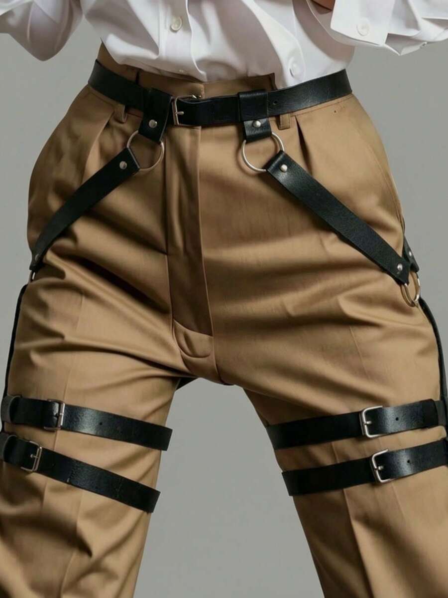 男士黑色PU皮革大腿束帶,可調節腿部綁帶,哥德風身體飾品,萬聖節電音派對裝備 - 黑色 - 查看 1