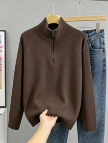 GIGOGOU Plus Size 1XL-4XL Women's Half-Zip Stand Collar Ribbed Knit Sweater, Long Sleeve Raglan Sleeve Slim Fit Solid Brown Casual Pullover, Suitable For Autumn/Winter - Brown - View 5