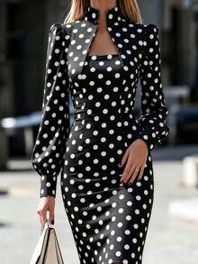 Gaun Wanita Musim Gugur Elegan Motif Titik Lengan Gelembung - Hitam - View 4