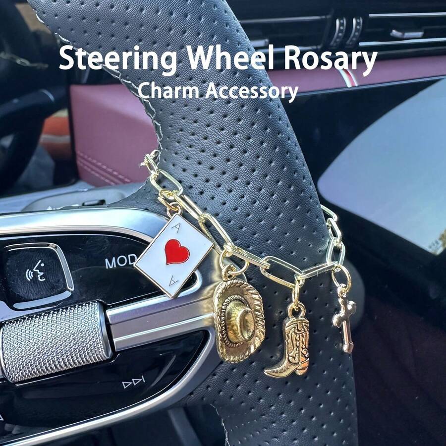 Ace Of Hearts Poker Cross Car Hanging Ornament, Gold Thick Chain Enamel Charms, Retro Western‑Style Auto Interior Hanging Charm, Decorative Car Gift For Women - Ace Of Hearts - View 1