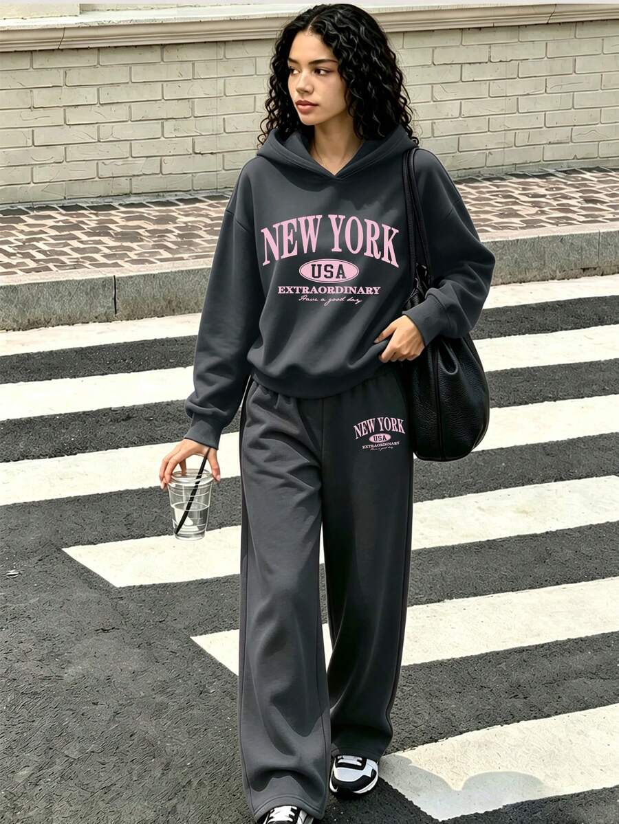2pcs Set Suitable For Teen GirlRound Neck Sweatshirt And Wide Leg Pants Outfit, Pink English Letter Print Round Neck Sweatshirt And Wide Leg Pants Matching Set, Suitable For Autumn/Winter Wear, Campus Style, Homecoming Outfit - Multicolor - View 1