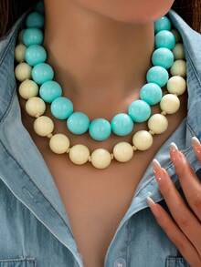 OABE 2pcs/Set Bohemian Style Cream Blue & Cream White Dual-Color Layered Beaded Necklace Set, Suitable For Women's Daily Wear, Holiday/Anniversary Gift - Multicolor - View 2