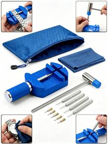 1 Set Watch Repair Tool Kit, DIY Watch Band Replacement Tools, Includes 1 Black Watch Roller, 8 Different Sizes Of Watch Band Pins, 1 Small Metal Hammer, 1 Watch Cleaning Cloth And 1 Storage Bag, Suitable For Professional Watchmakers - Style a Set - View 1