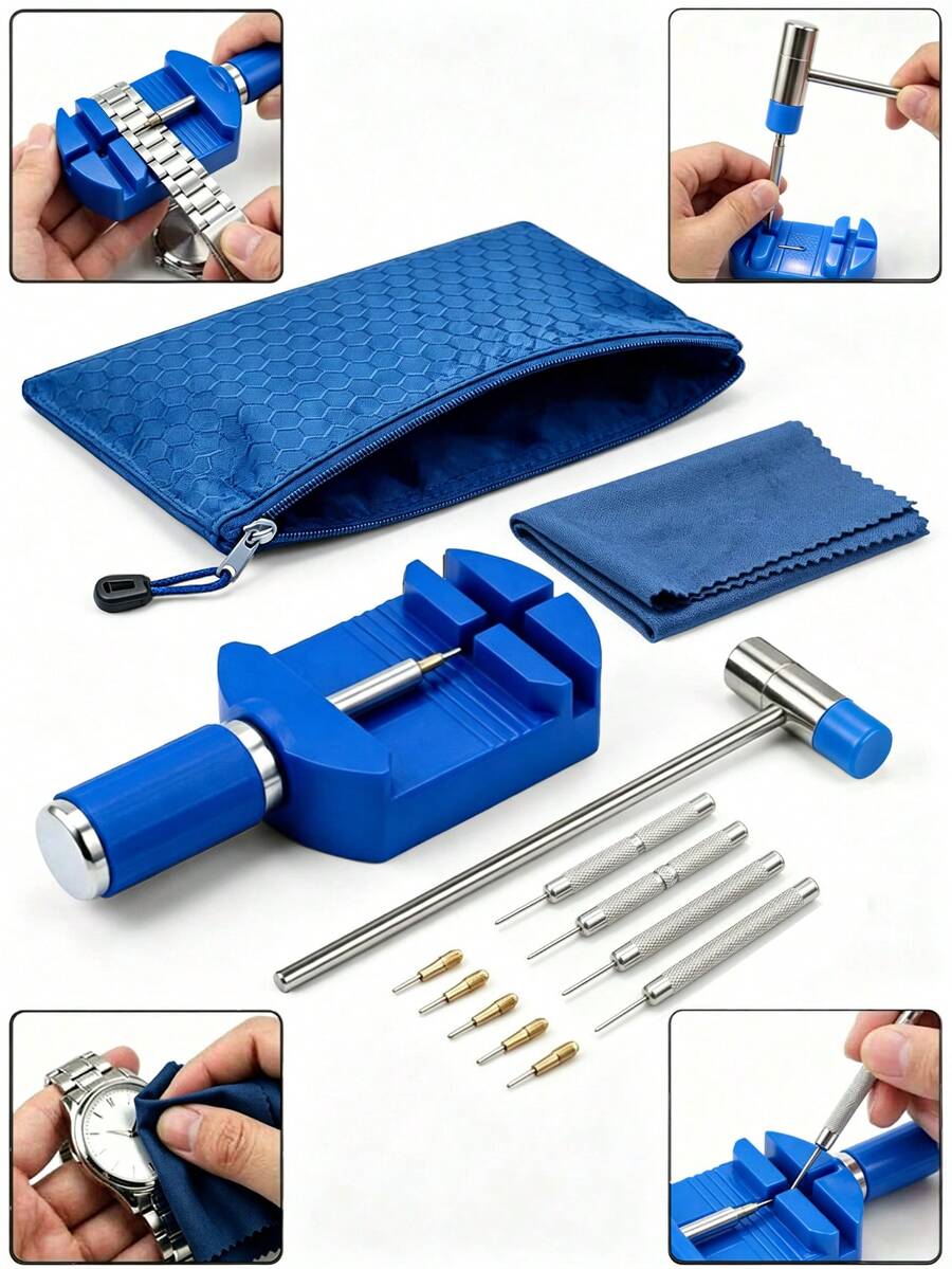 1 Set Watch Repair Tool Kit, DIY Watch Band Replacement Tools, Includes 1 Black Watch Roller, 8 Different Sizes Of Watch Band Pins, 1 Small Metal Hammer, 1 Watch Cleaning Cloth And 1 Storage Bag, Suitable For Professional Watchmakers - Style a Set - View 1