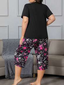 Plus Size Women's Fashion Floral Print V-Neck Design Pajama 2 Pieces Set - Black - View 4