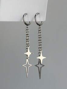 1 Pair Stainless Steel Punk Silver Star Hoop Earrings, Fashionable Accessories Suitable For Women's Daily Wear - Silver - View 21