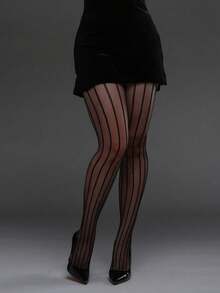 1 Pair Vertical Striped Elastic Fishnet Tights, Sexy Watermelon Striped Pantyhose, Versatile Gothic Style Fashion Fishnet Socks - Black - View 5