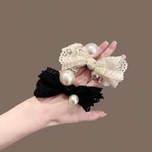 Luxury Pearl Lace Bow Hair Tie Elastic Band Low Ponytail Hair Accessory For Women - Multicolor - View 6