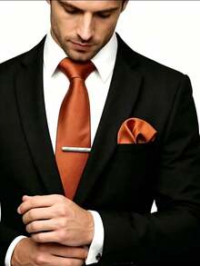 1 Set Men's 8cm Textured Tie, Pocket Square And Tie Clip Set, Wedding Party Groom Tie Set - Burnt Orange - View 1