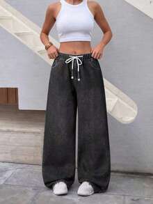 ARWY Women's Casual Bohemian Style Thermal Lined Denim Wide Leg Pants, Drawstring Design With Pockets, Long Non-Stretch Fabric, Suitable For Party And Daily Wear - Dark Grey - View 6