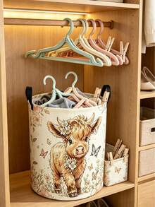 Cute Highland Cow Floral Print Laundry Hamper, Collapsible Large‑Capacity Storage Basket With Handles, Clothing Storage, Unisex, Daily Home & Dorm Essential - Multicolor - View 1