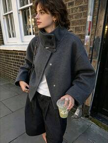 Autumn/Winter Stand Collar Loose Short Coat, Casual Daily Street Commute Versatile Jacket - Dark Grey - View 1