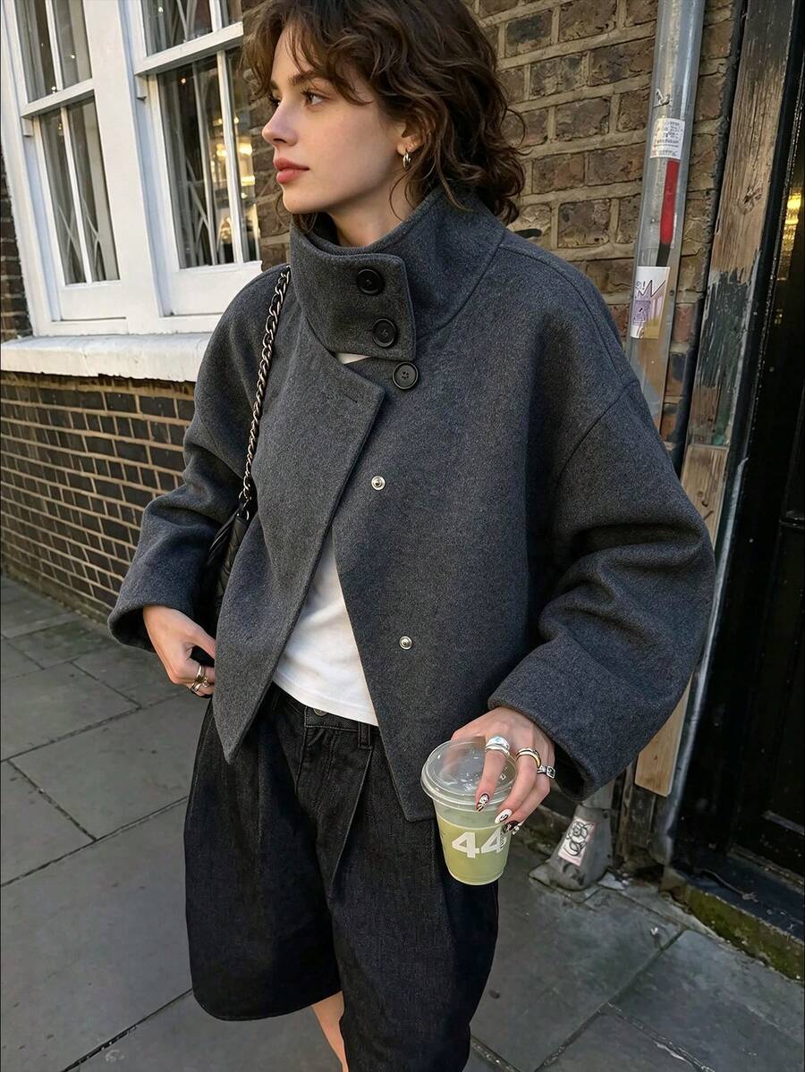 Autumn/Winter Stand Collar Loose Short Coat, Casual Daily Street Commute Versatile Jacket - Dark Grey - View 1