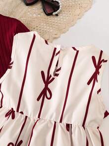 Girls 2 Pieces Set 4-7 Years Old Cream Base Burgundy Bow Print Soft Ribbed Ruffle Short Cardigan & Spaghetti Strap Dress, Gentle Style, Soft Skin-Friendly Fitted Fit, Sweet Young Girl Outdoor Daily Wear - Burgundy - View 8