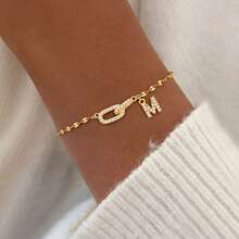 1pc New Fashion Initial Double Oval Pendant Golden Stainless Steel Lip Chain Bracelet For Women - Yellow Gold - View 1