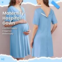 Women's Maternity Clothing, Stretchy V-Neck Labor And Delivery Gown For Pregnancy With Nursing Access And Split Front, Postpartum, Women's Clothes, - Lake Blue - View 6
