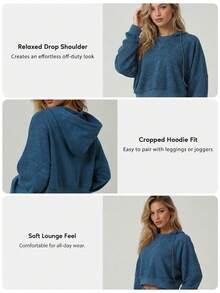 Women's Washed Blue Cropped Hooded Sweatshirt Drop Shoulder Loose Fit Drawstring Long Sleeve Daily Workout Casual Loungewear Athletic Top - Blue - View 3