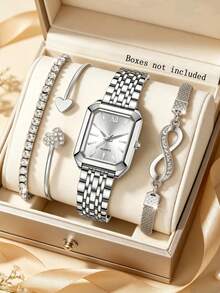 4pcs Women's Silver Quartz Watch Bracelet Set, Alloy Band, Elegant Minimalist Dial, Vintage Square Face, Suitable For Daily Wear, Party Decoration Or Various Festival Gifts For Female Friends - Silver - View 1