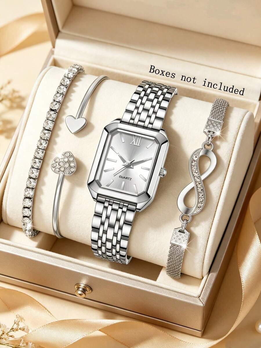 4pcs Women's Silver Quartz Watch Bracelet Set, Alloy Band, Elegant Minimalist Dial, Vintage Square Face, Suitable For Daily Wear, Party Decoration Or Various Festival Gifts For Female Friends - Silver - View 1