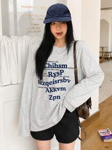 Women's Fashion Autumn/Winter Loose Round Neck Casual Street Style Versatile Letter Print Long Sleeve T-Shirt - Light Gray - View 3