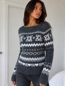 Apperloth A Vintage Ribbed Knit Sweater Tops Fair Isle Round Neck Slim Fit Long Sleeve Pullover For Women Fall/Winter Casual Daily Going Out Thanksgiving Outfits - Grey - View 5