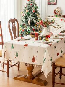 MineLain 1pc Merry Christmas Party Tablecloth, Red And Green Christmas Tree Pattern, Rectangular Dining Table Cloth, Beige Tassel Decoration, Coffee Table, Bedside Cabinet, Cupboard Cover, Tabletop Decor, Holiday Decoration, Living Room, Room Decor, Suitable For Gathering, Dinner, Holiday, Party Decoration, Christmas Gift, Christmas Decoration, Autumn/Winter Decor - Multicolor - View 1