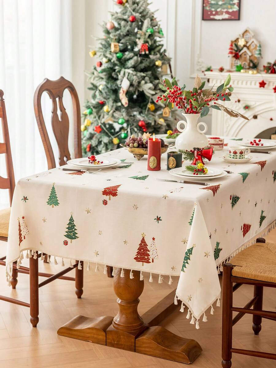MineLain 1pc Merry Christmas Party Tablecloth, Red And Green Christmas Tree Pattern, Rectangular Dining Table Cloth, Beige Tassel Decoration, Coffee Table, Bedside Cabinet, Cupboard Cover, Tabletop Decor, Holiday Decoration, Living Room, Room Decor, Suitable For Gathering, Dinner, Holiday, Party Decoration, Christmas Gift, Christmas Decoration, Autumn/Winter Decor - Multicolor - View 1