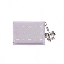 Kawaii Bow Charm Trifold Wallet, Diamond Grid Print Small Card Purse - Multicolor - View 17