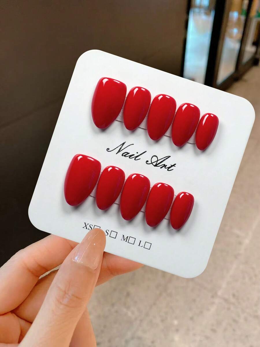 YINZIJIA 10 Pieces, Solid Color Short Almond Shaped Wine Red Acrylic Nail Tips, Complete Set Of Fake Nail Tips, With Nail Accessories, Suitable For Women's Daily Life And Gatherings - Multicolor - View 1