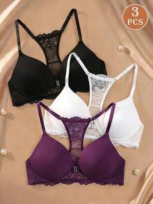 [Ukuran Dada Kecil] 3pcs Bra Tanpa Jahitan Renda untuk Wanita, Tanpa Punggung, Penutup Depan, Berkawat, Modis, Nyaman - MultiWarna - View 2