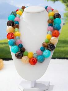 OABE Set Pakaian Musim Gugur 2pcs/Set Gaya Bohemian Kalung Berlapis Manik-Manik Warna-warni Termasuk Manik-Manik Bulat dan Manik-Manik Asimetris, Buatan Tangan, Cocok untuk Pemakaian Sehari-hari Wanita, Bentuk dan Warna Manik-Manik Acak - Cantik Sekali - View 7