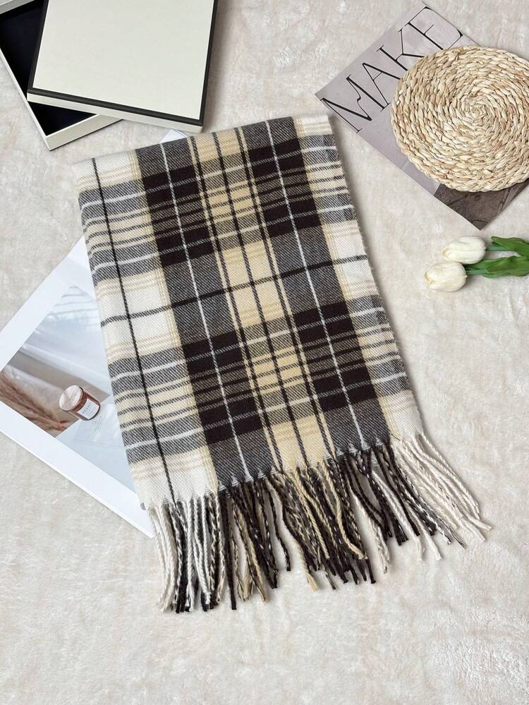 1pc Women's Autumn/Winter Shawl Scarf, Colorblock Plaid Fringe Scarf - Caramel Macchiato - View 4