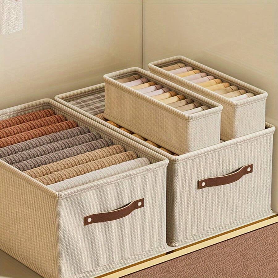 現代米色布料可折疊內衣收納盒,牛津布抽屜式衣物整理盒,適用於衣櫃、牛仔褲與毛衣收納,無層收納盒,床底收納,秋冬春季床底收納 - 米色 - 查看 1