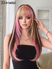 7JHH WIGS Highlights Long Straight Wigs For Women 24 Inch Medium Layered Wig With Bangs Synthetic Heat -Resistant Fiber Hallowmas Colorful Costume Wig For Festival Wear, Party Cosplay Use - Multicolor - View 1