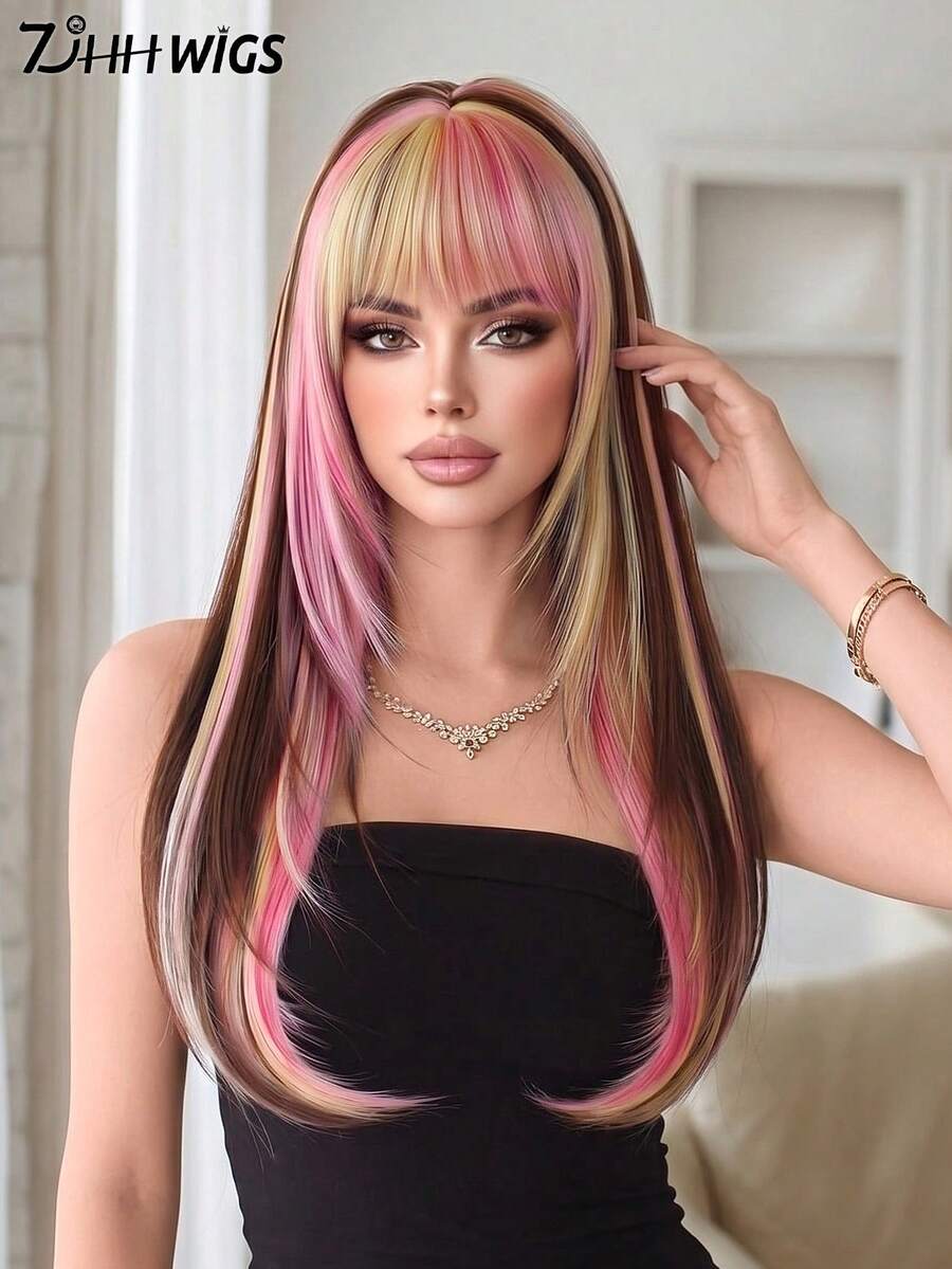 7JHH WIGS Highlights Long Straight Wigs For Women 24 Inch Medium Layered Wig With Bangs Synthetic Heat -Resistant Fiber Hallowmas Colorful Costume Wig For Festival Wear, Party Cosplay Use - Multicolor - View 1