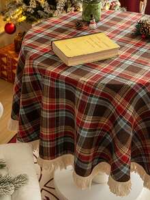 1 buah Taplak Meja Motif Kotak-kotak Merah Kopi dengan Hiasan Renda, Taplak Meja Natal Gaya Nordik Klasik untuk Pesta Malam Natal, Meja Makan, Meja Kopi, dan Dekorasi Meja Kerja - Cokelat + Renda - View 1