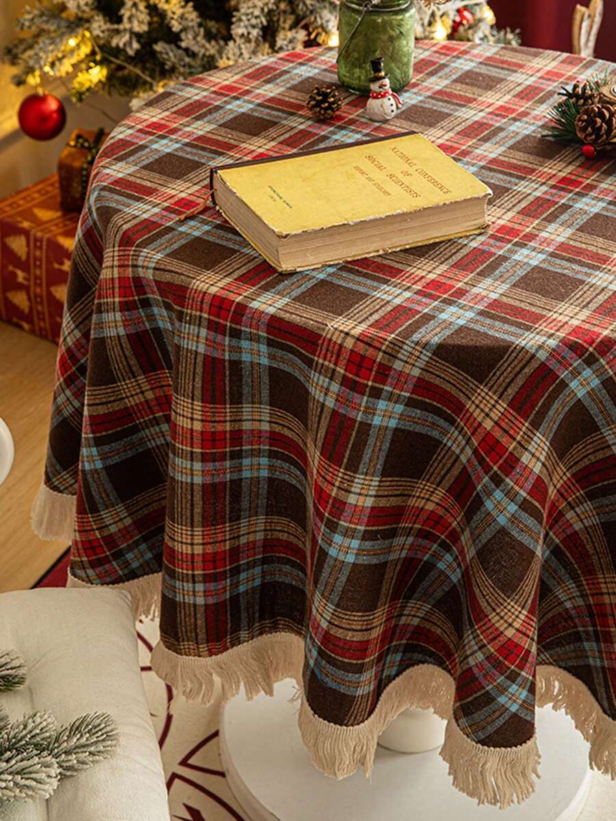 1 buah Taplak Meja Motif Kotak-kotak Merah Kopi dengan Hiasan Renda, Taplak Meja Natal Gaya Nordik Klasik untuk Pesta Malam Natal, Meja Makan, Meja Kopi, dan Dekorasi Meja Kerja - Cokelat + Renda - View 1