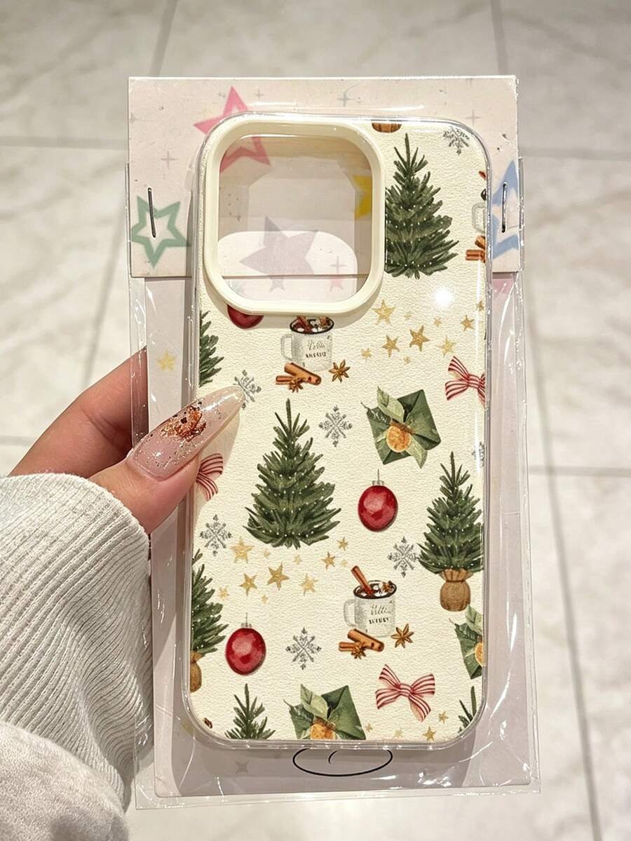Phone Case - White Lychee Pattern Watercolor Christmas Print Element Design Phone Case, Suitable For IPhone 18 Pro Max 17 16E 16 15 14 13 12 11 Pro Max, Phone Back Cover Protection, Scratch-Resistant Wear-Resistant Shock-Proof Smartphone Protective Case - Multicolor - View 1