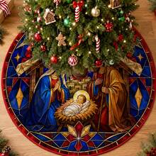 1pc Painted Glass Nativity Scene Christmas Tree Skirt, Elegant Color Holiday Decor, 5 Sizes, Unisex Holiday Gift, Suitable For Home And Party Christmas Home Decoration - Stained Glass Nativity Scene - View 2