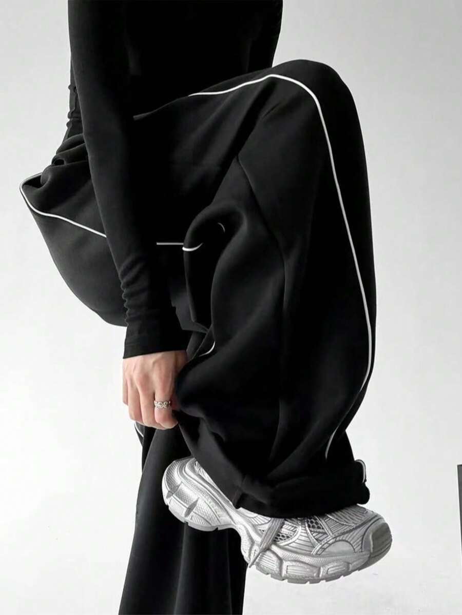 Women's New Contrast Color Design Side Stripe Loose Drawstring Jogger Pants, Versatile Wide Leg Straight Leg Casual Pants For Daily Wear, Home, Vacation, Jogging, Dancing, Running, All Seasons
