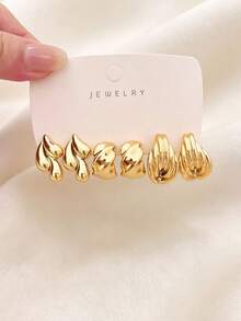 16pcs Women's Fashion Personalized Gold Metallic Earrings Set, CCB Material, Fade-Resistant, Hypoallergenic, Suitable For Daily Wear, Vacation, Birthday Gift - Gold - View 12