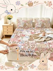 2/3 Piece Set Cute Rabbit & Floral Pattern Fitted Sheet, Fitted Sheet & Mattress Protector, Pink & White Plaid, Soft Comfortable Breathable, All Season, Fits All Bed Sizes (Twin/Full/King/Queen), Deep Pocket Design, Suitable For Bedroom, Dorm, Hotel, Machine Washable - Multicolor - View 4