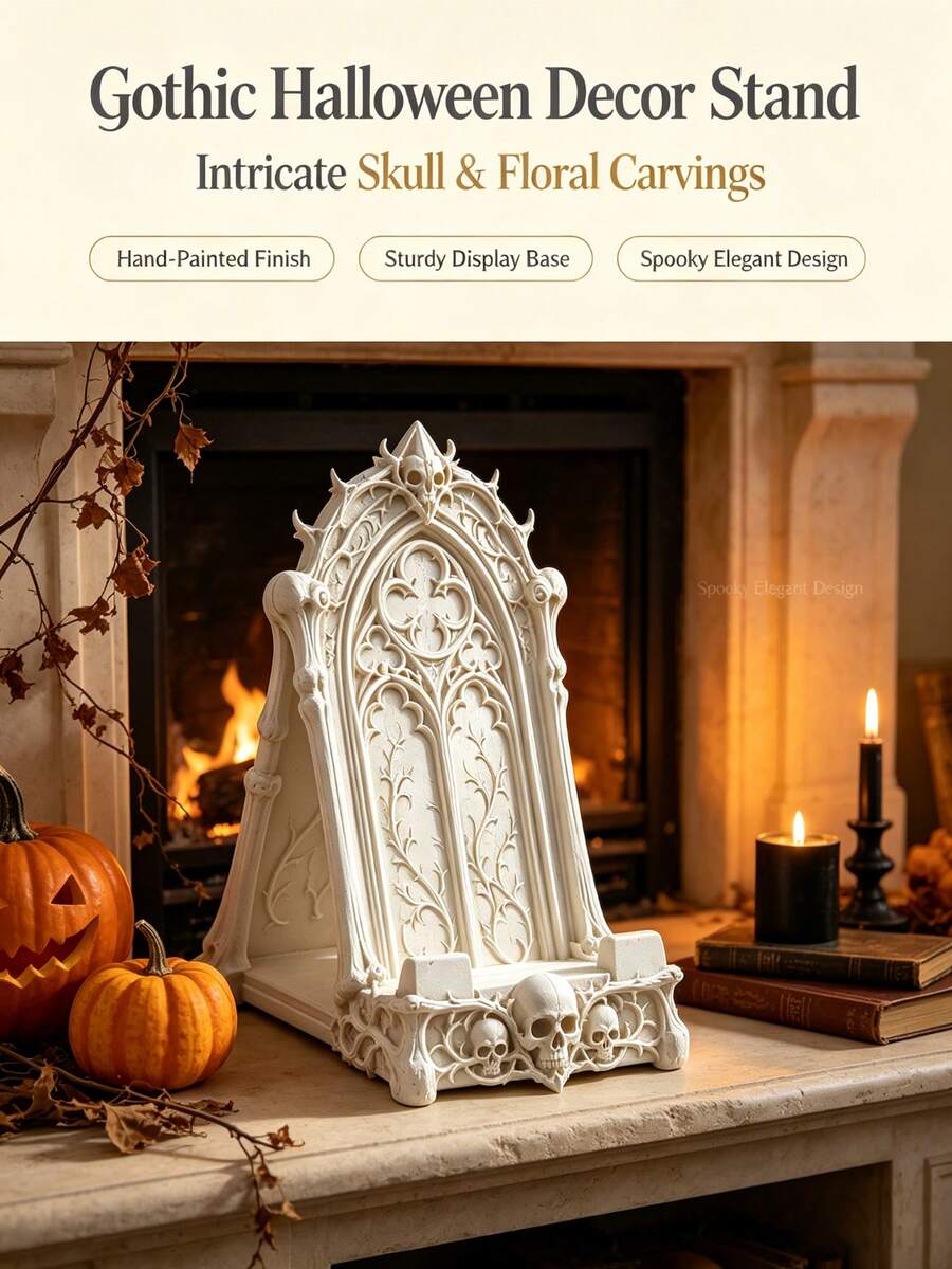 1pc Halloween Gothic Skull Phone Stand, Dark Gothic Style Desktop Phone Holder With Storage Box Function; Black Decorative Desktop Phone Stand, Halloween Home Decor Ornament. Suitable For Desk, Bedside Table, Shelf, Home Office Desktop Decoration, Perfect For Gothic Style Enthusiasts, Essential Halloween Gift - Multicolor - View 1