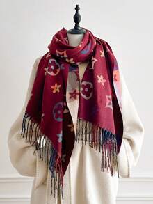 1pc Geometric Floral Print Tasseled Thick Scarf 65*200cm, Polyester Faux Cashmere, Fall Winter Shawl For Travel Party Outing, Wear As Scarf Shawl - Multicolor - View 4