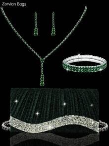REMANLAND 4pcs Evening Jewelry Set With Rhinestone, Luxury Rhinestone Pleated Clutch Bag, Elegant Women's New Shoulder Evening Bag, Paired With Sparkling Rhinestone Pendant Jewelry Set, Rhinestone Pendant Necklace, Earrings, Bracelet, Suitable For Party, Wedding, Ball, Evening Event, Gathering - Dark Green - View 1