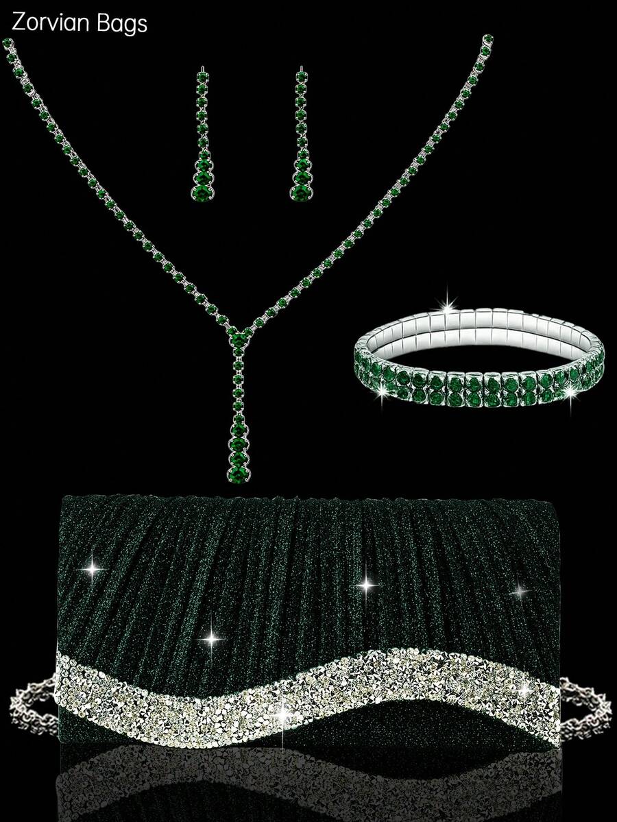 REMANLAND 4pcs Evening Jewelry Set With Rhinestone, Luxury Rhinestone Pleated Clutch Bag, Elegant Women's New Shoulder Evening Bag, Paired With Sparkling Rhinestone Pendant Jewelry Set, Rhinestone Pendant Necklace, Earrings, Bracelet, Suitable For Party, Wedding, Ball, Evening Event, Gathering - Dark Green - View 1
