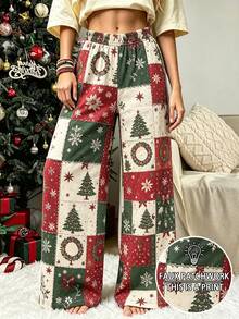 Christmas Print Loose Sweatpants, High Waist Snowflake Tree Wreath Pattern Casual Pants, Women's Holiday Long Pants - Multicolor - View 1